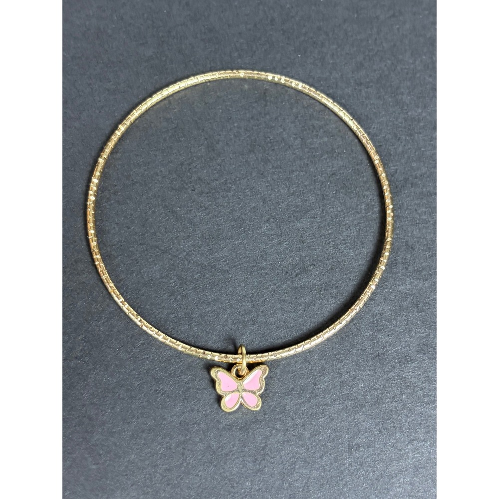 Gold Tone Textured Bangle Bracelet with Pink Enamel Butterfly Charm